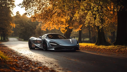 Low-slung silver sports car occupies sunlit autumn roadway