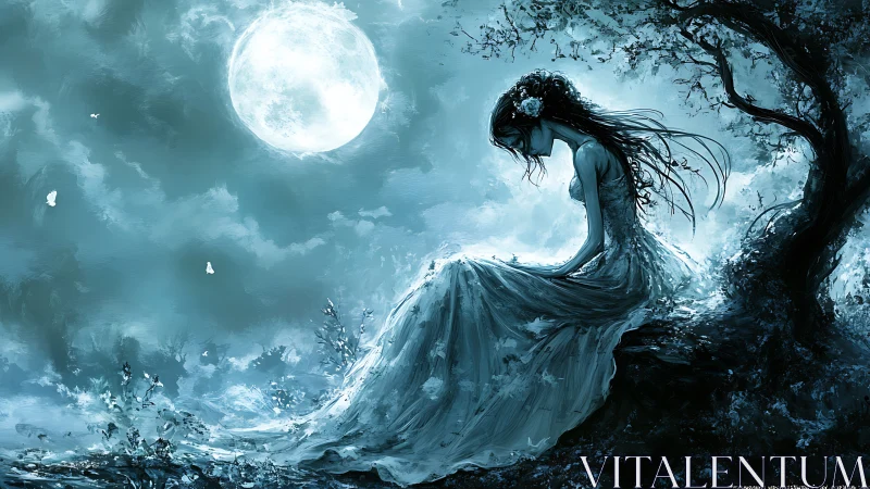 Moonlit maiden in flowing gown beneath ethereal sky.