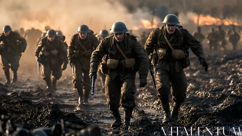 Soldiers push forward through firelit mud and thick smoke.