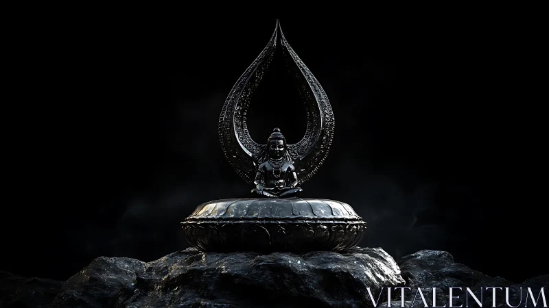 Dark metallic deity sculpture on lotus pedestal in void.