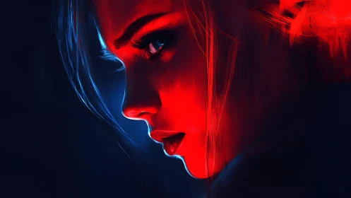 Neon-lit female profile glows against deep shadowed void