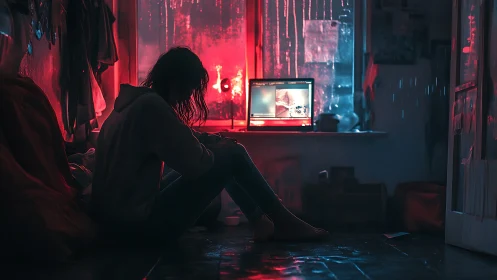 Silhouetted girl by neon-lit laptop in rain-soaked room.
