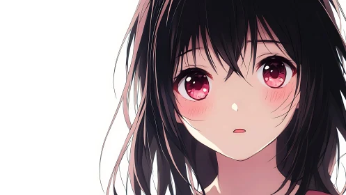 Close-up of anime girl with dark hair and pink eyes on white.