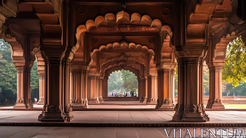 Sunlit Mughal colonnade stretches into a tranquil garden vista.