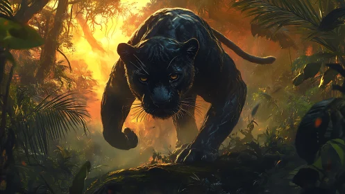 Black Panther in Forest with Warm Backlighting.