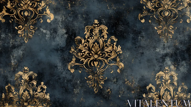 Elegant gold damask flourishes on deep midnight blue.