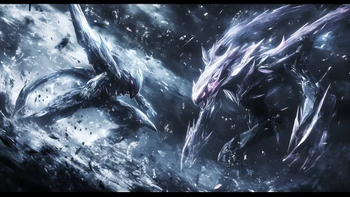 Crystal mechs clash amid storming shards and energy surges.