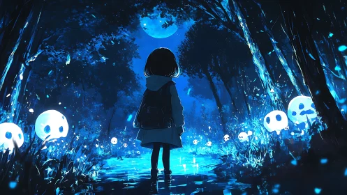 Girl observing glowing spirits in a blue moonlit forest.