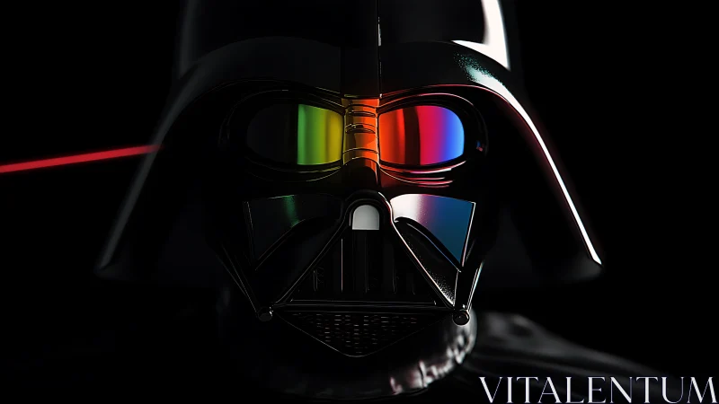 Black sci fi helmet closeup with split multicolor visor.