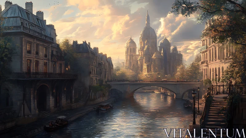 Digital painting of grand riverside cathedral at sunset.