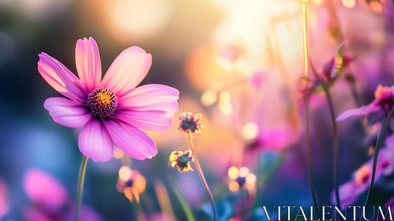 Magenta cosmos flower blooming with bokeh light diffusion effect.
