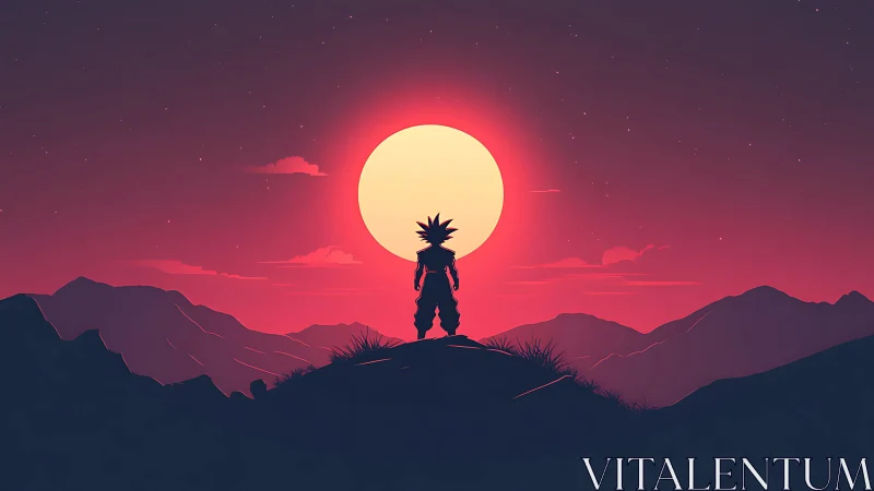 Starlit warrior silhouette greeting a colossal crimson sun.