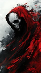 Grim reaper in crimson cloak emerges from swirling shadows.