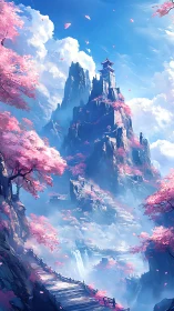 Mountain pagoda landscape with cherry trees and mist clouds.
