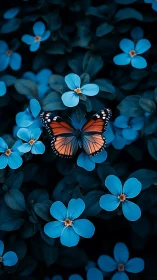 Butterfly rests on vivid blue flowers in dense foliage