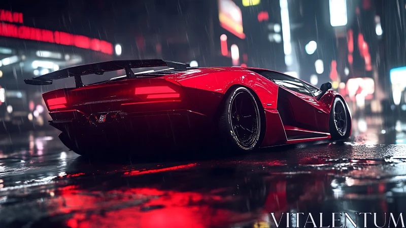 Red sports car on wet city street at night in rainfall.