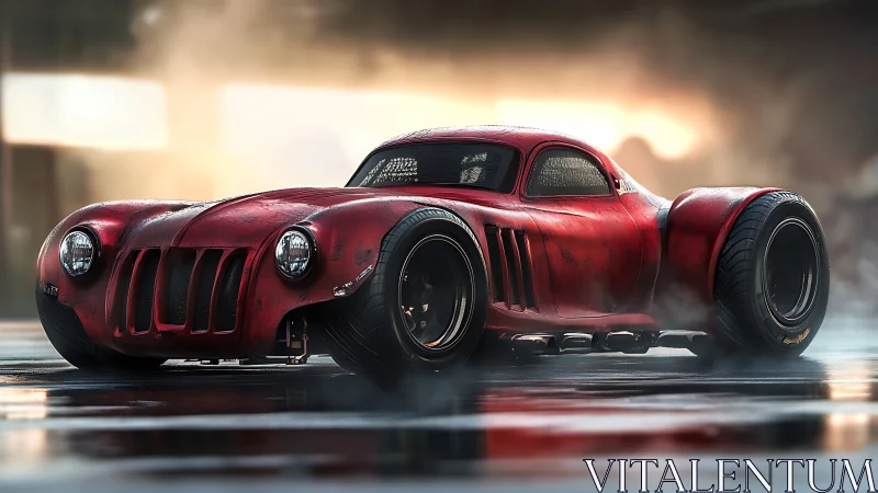 Custom red retro supercar prowls through misty neon streets