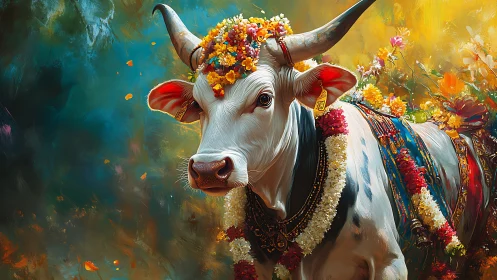 Garlanded white cow in ceremonial harness against vivid bokeh