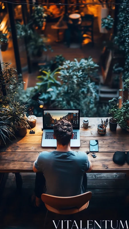 Remote worker types at laptop in lush indoor workspace
