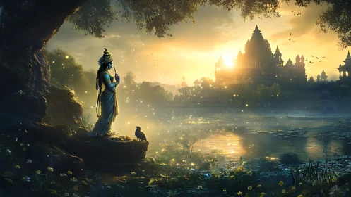 Divine figure beside river under luminous temple sunset.