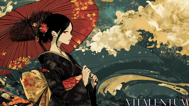 Crimson parasol guards a silent geisha amid gilded storm.