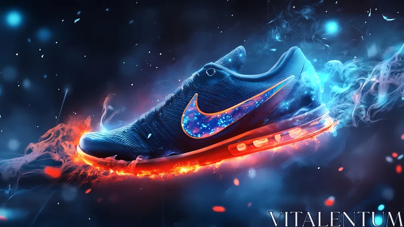 High-speed running shoe rendered with neon vapor trail dynamics