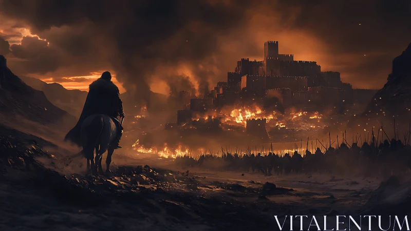 Lone rider watches burning fortress under storm-dark sky