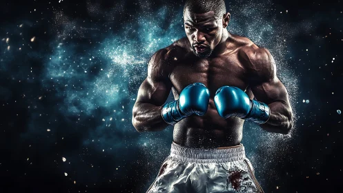 Professional Boxer in Blue Gloves Against Cosmic Background.