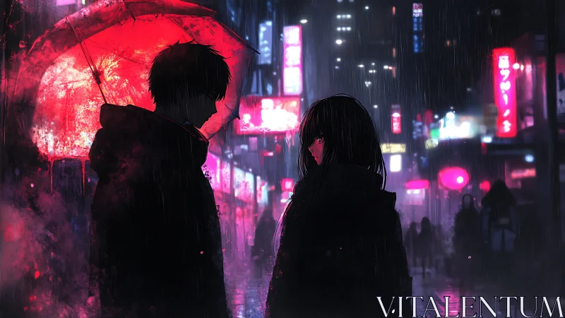 Neon rain carves a quiet distance between two strangers