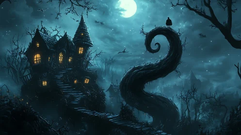 Curved moonlit tree overlooks eerie crooked hill house at night.
