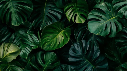 Emerald jungle canopy of lush monstera leaves in quiet glow.