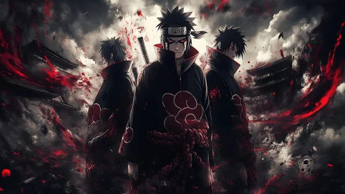 Dark shinobi trio stands amid swirling red storm energy