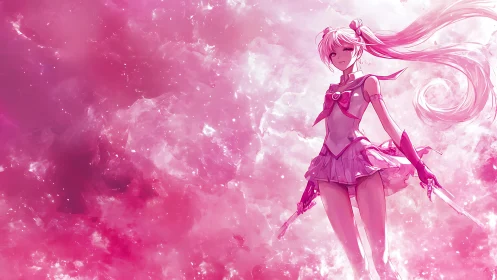 Celestial pink magical warrior in luminous nebular bloom.