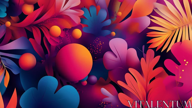 Abstract neon foliage with glowing spheres and gradients.