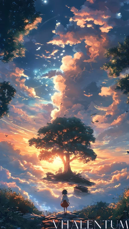 Celestial horizon tree over clouds with solitary child figure.