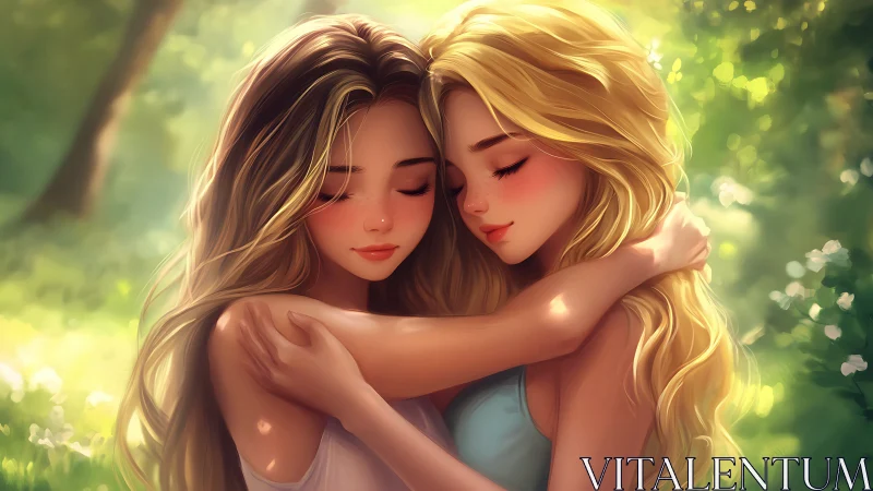 Digital Portrait: Two Female Figures with Volumetric Hair Rendering in Luminous Forest Environment