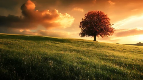 Solitary ember tree leans into a hillside made of quiet light