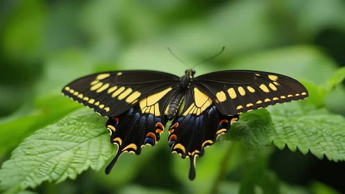 Black swallowtail butterfly resting on green foliage.