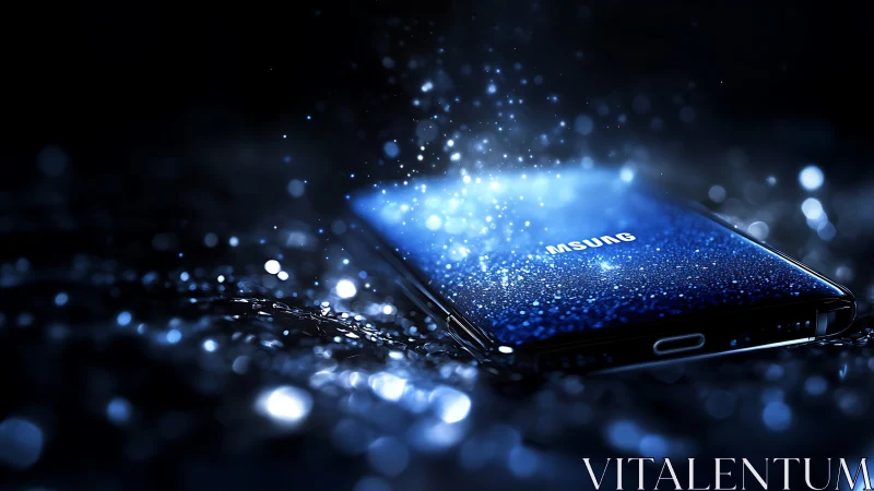 Glowing smartphone scatters blue particles across wet surface