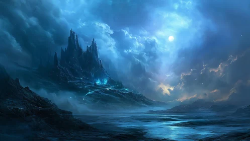 Moonlit Ice Spires Above a Whispering Frozen Shore.