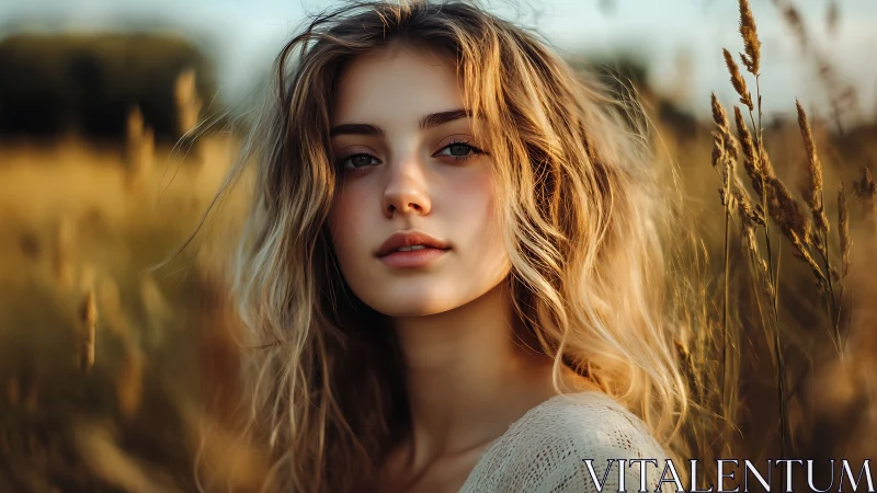 Golden hour portrait in sunlit wheat field, soft bokeh focus.