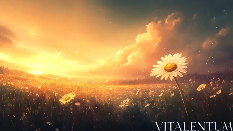 Daisy field extends under low sun in digitally rendered sky