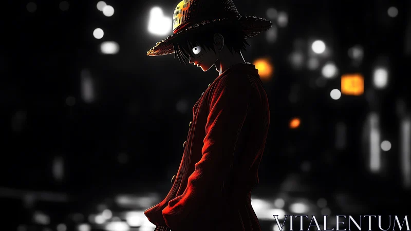 Shadowed wanderer in a red coat pauses under city lights