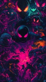 Neon spider multiverse confrontation in dynamic digital painting.