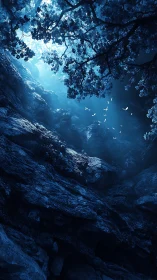 Blue forest canyon with rocky walls and glowing light shaft.