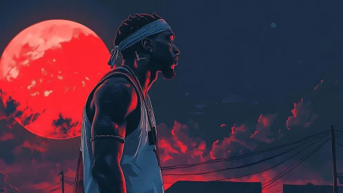 Silhouetted urban runner studies crimson moonlit skyline