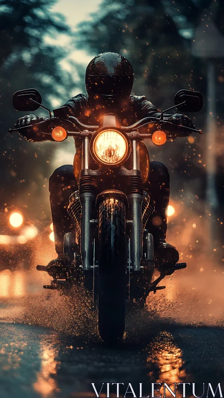 Midnight rider storms a rainlit street in molten sparks.