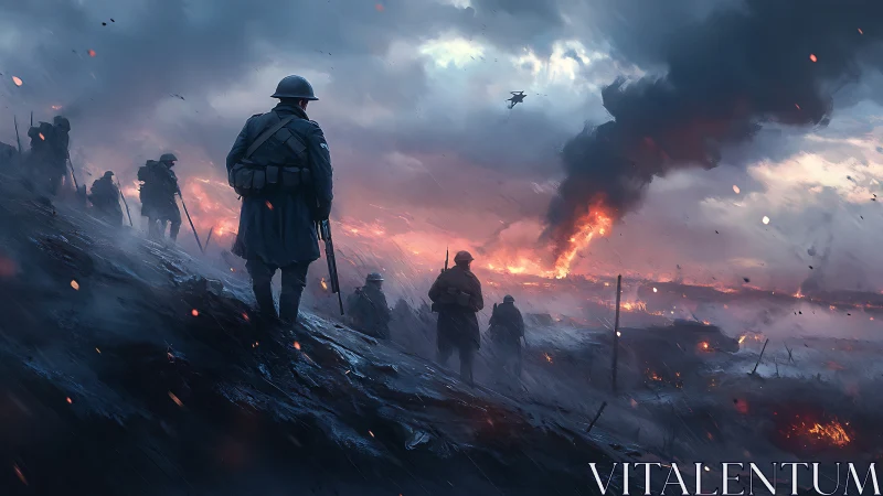 World War battlefield scene with soldiers and burning horizon.