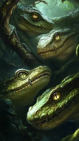 Forest council of emerald raptors quietly debates the dawn