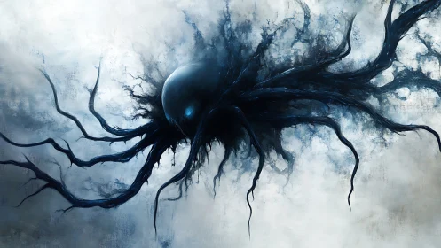 Dark tentacled entity emerging in swirling pale mist.